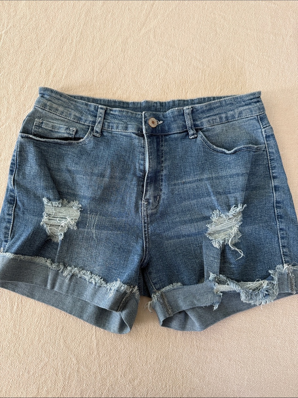 Distressed Roll-Cuff Stretch Denim Shorts - Blue